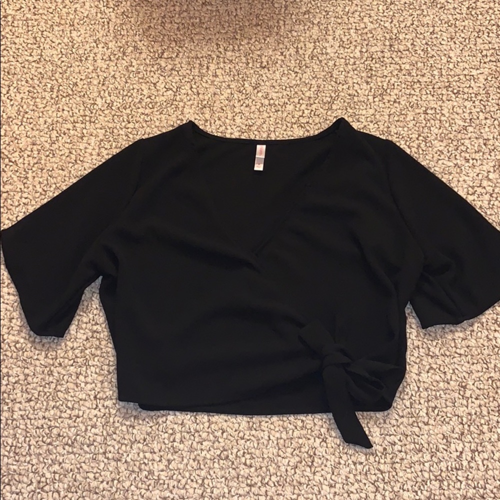 Women’s Cropped Blouse with Deep V-Neck & Bow Tie